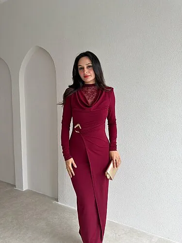 EDİTH Dantel Detaylı Midi Elbise 4322 - Bordo - 2