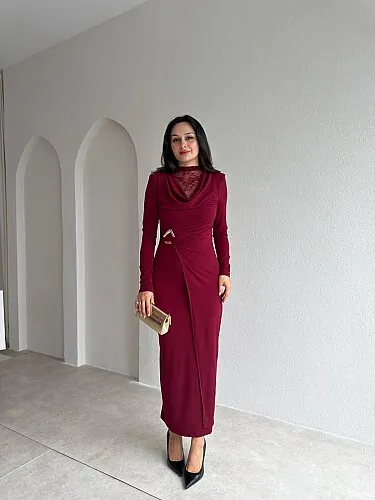 EDİTH Dantel Detaylı Midi Elbise 4322 - Bordo - 1
