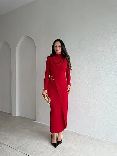 EDİTH Dantel Detaylı Midi Elbise 4322 - Kırmızı - Mooi Butik