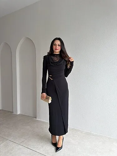 EDİTH Dantel Detaylı Midi Elbise 4322 - Siyah - 1