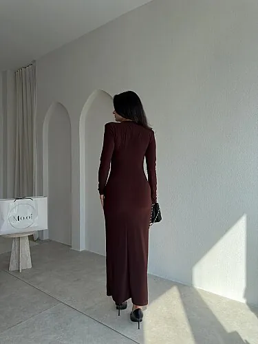 EDNA Degaje Yaka Midi Elbise 5790 - Acı Kahve - 3