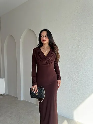 EDNA Degaje Yaka Midi Elbise 5790 - Acı Kahve - 2