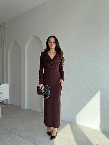 EDNA Degaje Yaka Midi Elbise 5790 - Acı Kahve - 1