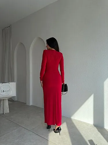 EDNA Degaje Yaka Midi Elbise 5790 - Kırmızı - 3