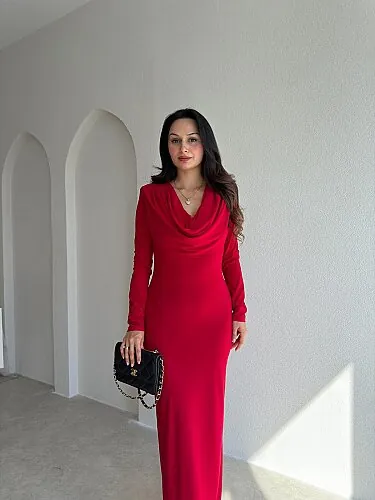 EDNA Degaje Yaka Midi Elbise 5790 - Kırmızı - 2