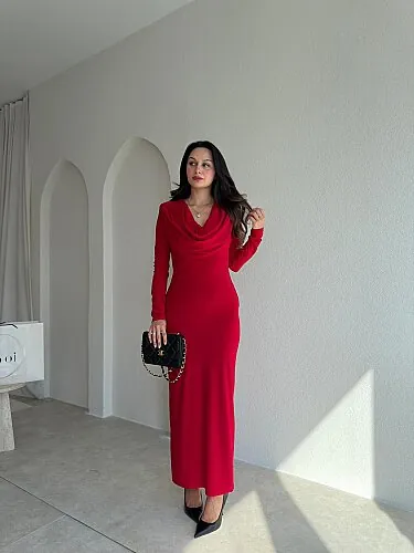 EDNA Degaje Yaka Midi Elbise 5790 - Kırmızı - Mooi Butik