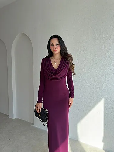 EDNA Degaje Yaka Midi Elbise 5790 - Mor - 2
