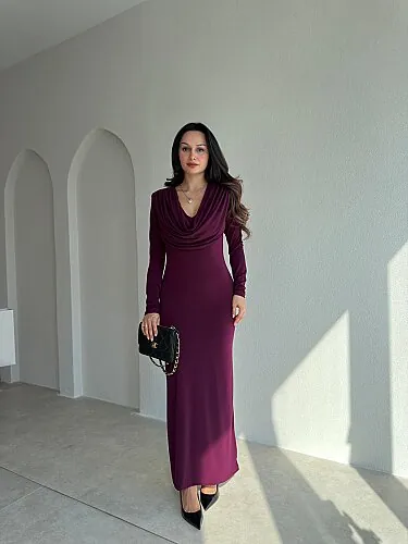 EDNA Degaje Yaka Midi Elbise 5790 - Mor - 1