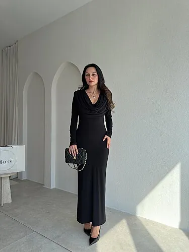 EDNA Degaje Yaka Midi Elbise 5790 - Siyah - Mooi Butik