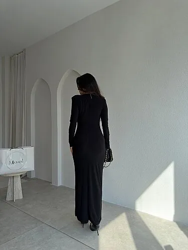 EDNA Degaje Yaka Midi Elbise 5790 - Siyah - 3