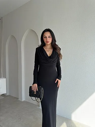 EDNA Degaje Yaka Midi Elbise 5790 - Siyah - 2