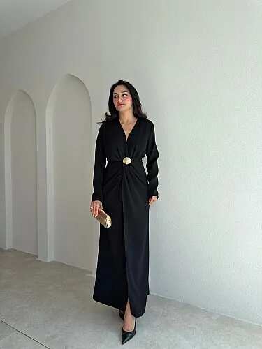 EMPOL Broş Detaylı Maxi Elbise 4173 - Siyah - Mooi Butik