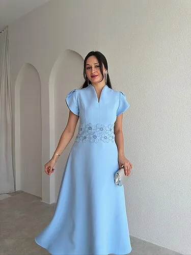 EPHES Bel İşlemeli Midi Elbise 4032 - Bebe Mavisi 
