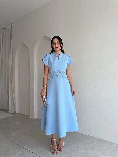 EPHES Bel İşlemeli Midi Elbise 4032 - Bebe Mavisi - 2
