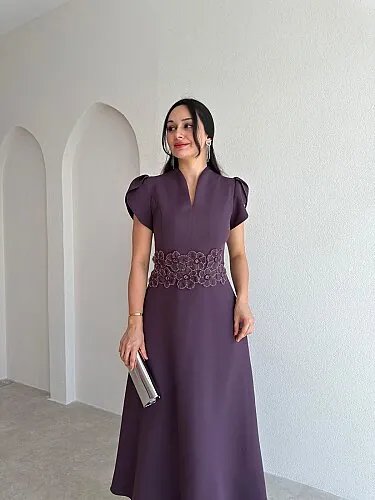 EPHES Bel İşlemeli Midi Elbise 4032 - Mor - Mooi Butik