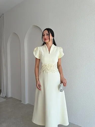 EPHES Bel İşlemeli Midi Elbise 4032 - Sarı 