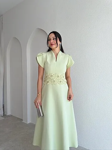 EPHES Bel İşlemeli Midi Elbise 4032 - Yeşil - Mooi Butik