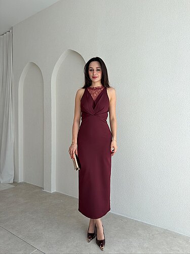 EPHRON Dantel Detaylı Midi Elbise 7483 - Bordo - 2