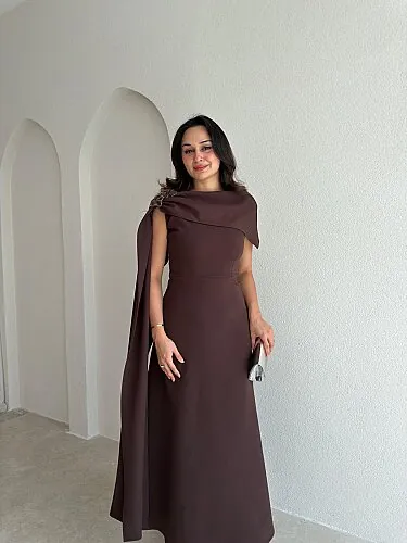 ERNEST Kol Detaylı Midi Elbise 4105 - Acı Kahve - 2