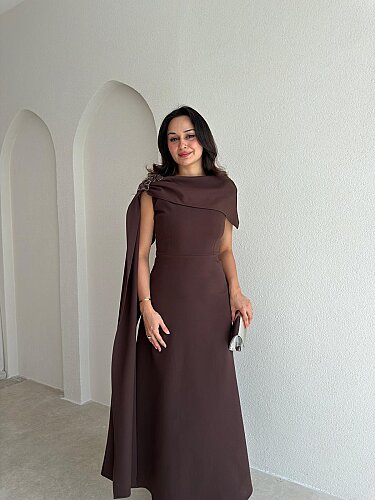 ERNEST Kol Detaylı Midi Elbise 4105 - Acı Kahve - 2