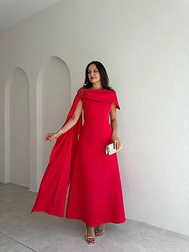 ERNEST Kol Detaylı Midi Elbise 4105 - Kırmızı - Mooi Butik