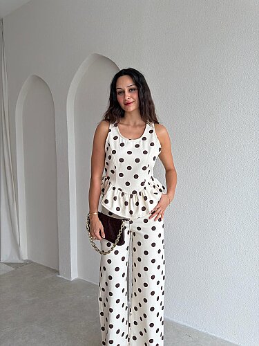 ESTHER Puantiyeli Denim Takım 3731 - Krem Rengi - 3