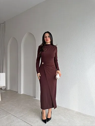 ESTRELLA Midi Elbise 4356 - Acı Kahve - Mooi Butik