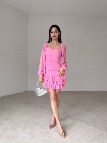 Etek Ucu Katlı Mini BROLİS Elbise 7582 - Pembe - 2
