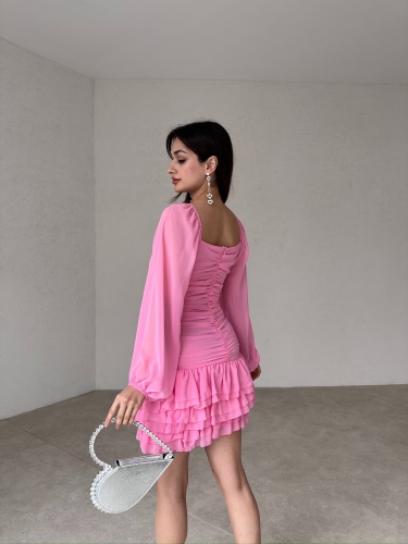 Etek Ucu Katlı Mini BROLİS Elbise 7582 - Pembe - 3