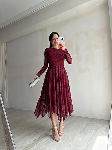 ETHAN Simli Midi Elbise 4108 - Bordo - 3