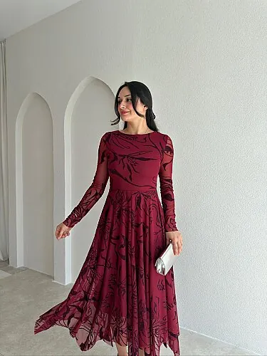 ETHAN Simli Midi Elbise 4108 - Bordo - 2