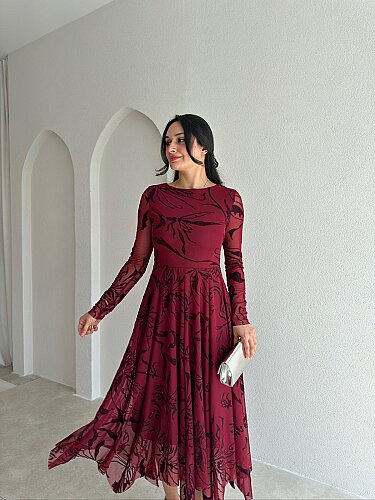 ETHAN Simli Midi Elbise 4108 - Bordo - 2