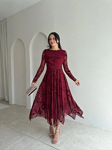 ETHAN Simli Midi Elbise 4108 - Bordo 