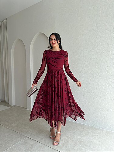 ETHAN Simli Midi Elbise 4108 - Bordo - 1