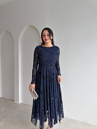 ETHAN Simli Midi Elbise 4108 - Lacivert - 3