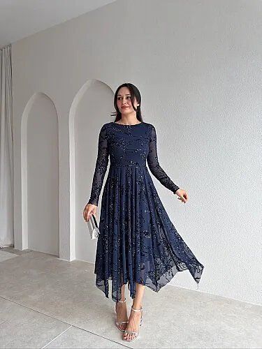 ETHAN Simli Midi Elbise 4108 - Lacivert - 1