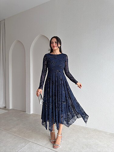 ETHAN Simli Midi Elbise 4108 - Lacivert - 1