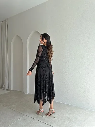 ETHAN Simli Midi Elbise 4108 - Siyah - 3