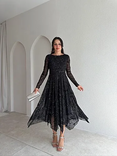 ETHAN Simli Midi Elbise 4108 - Siyah - Mooi Butik
