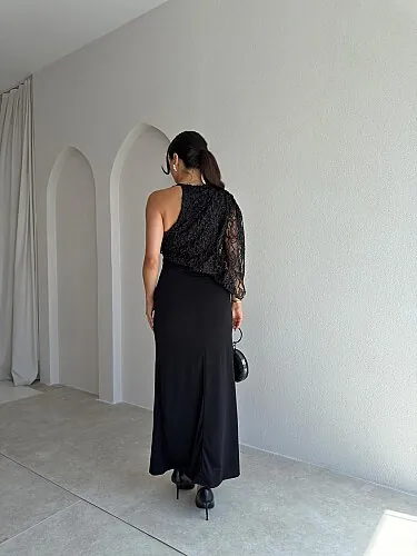 ETTA Sim Detaylı Tek Omuz Maxi Elbise 4096 - Siyah - 3