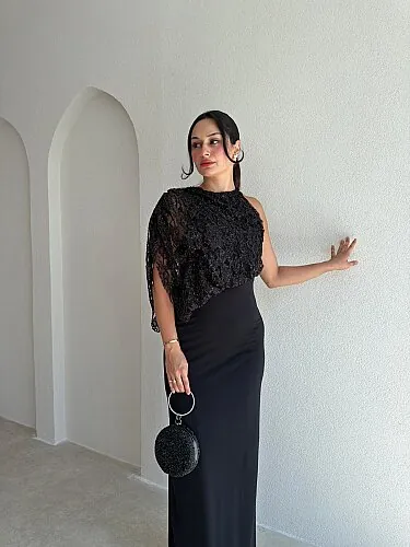 ETTA Sim Detaylı Tek Omuz Maxi Elbise 4096 - Siyah - Mooi Butik