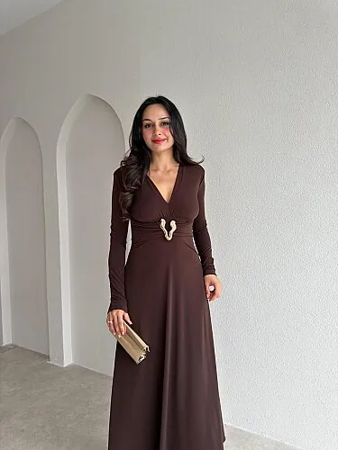 FENY Broş Detaylı Midi Elbise 4308 - Acı Kahve - 2