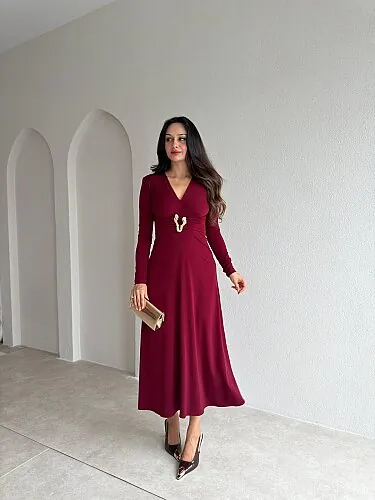FENY Broş Detaylı Midi Elbise 4308 - Bordo - Mooi Butik