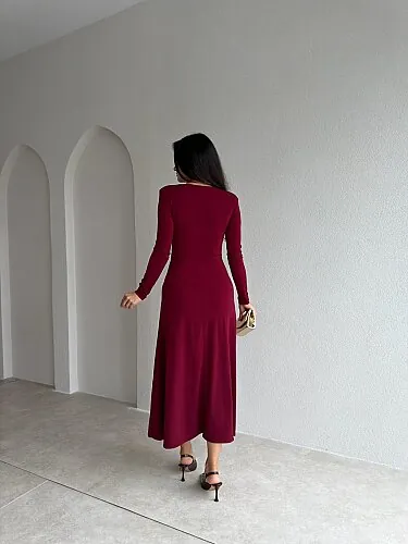 FENY Broş Detaylı Midi Elbise 4308 - Bordo - 3