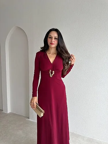 FENY Broş Detaylı Midi Elbise 4308 - Bordo - 2