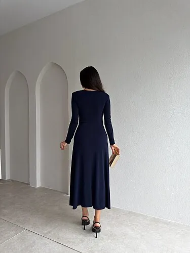 FENY Broş Detaylı Midi Elbise 4308 - Lacivert - 3
