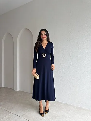 FENY Broş Detaylı Midi Elbise 4308 - Lacivert - Mooi Butik
