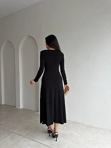 FENY Broş Detaylı Midi Elbise 4308 - Siyah - 3