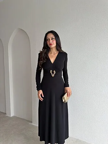 FENY Broş Detaylı Midi Elbise 4308 - Siyah - 2