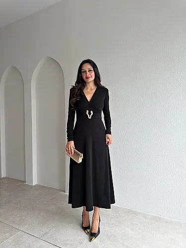 FENY Broş Detaylı Midi Elbise 4308 - Siyah - Mooi Butik